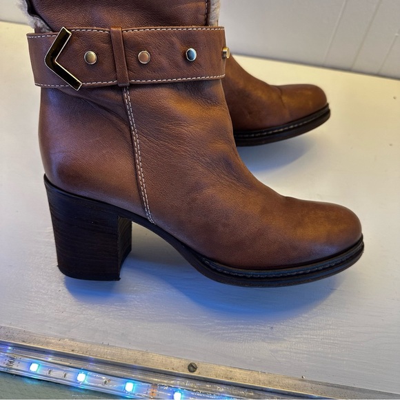 Napoleoni Tall Over the Knee Boots Tan Block Heel Leather Sherpa fur Buckle W39 - Picture 8 of 12